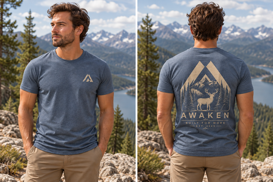 AI-generated lifestyle mockup: High Country blue elk tee front and back with fitted sleeves
