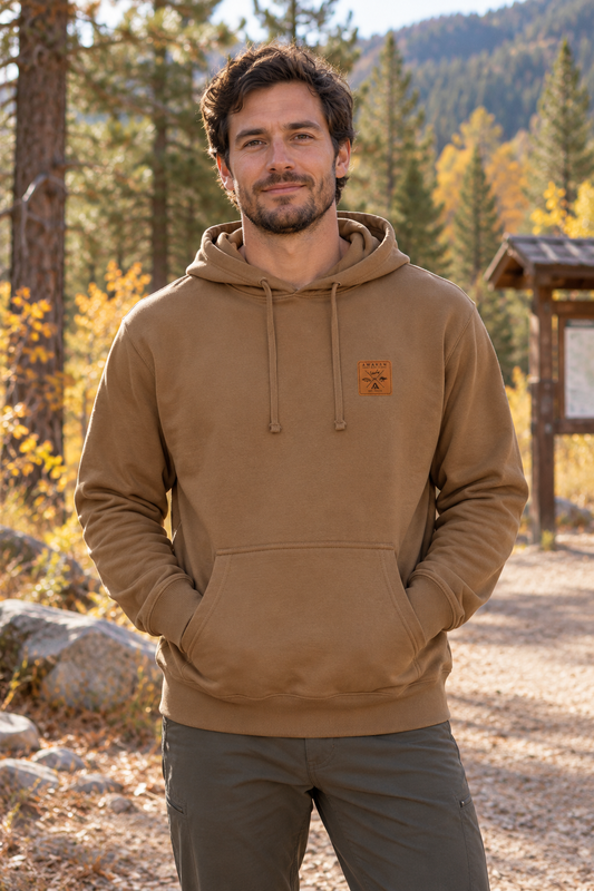 AI-generated lifestyle mockup: Sawtooth Coyote Hoodie on a model