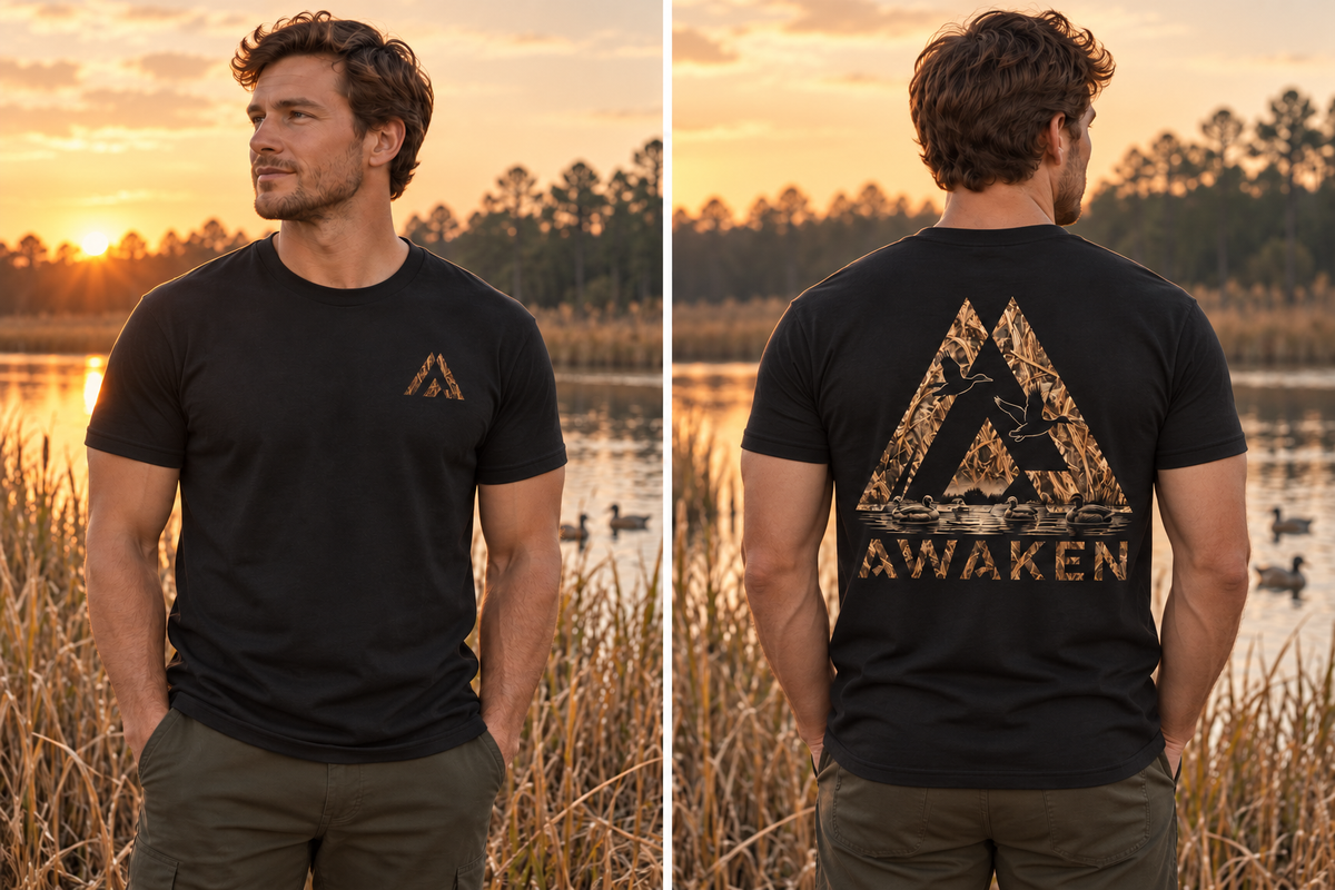 AI-generated lifestyle mockup: Lost Reeds Tee front and back on a model
