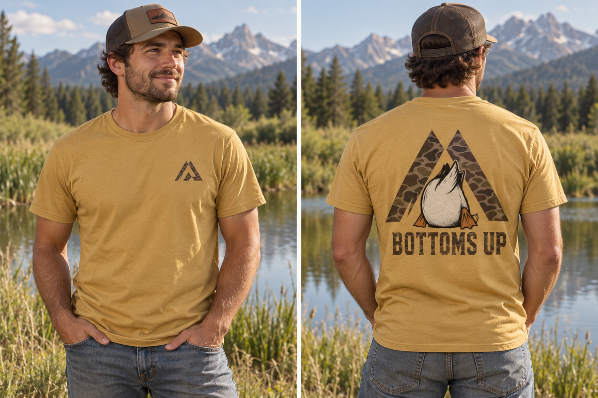 AI-generated lifestyle mockup: Bottoms Up Tee front and back on a male model