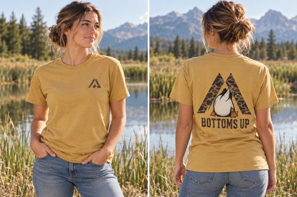 AI-generated lifestyle mockup: Bottoms Up Tee front and back on a female model