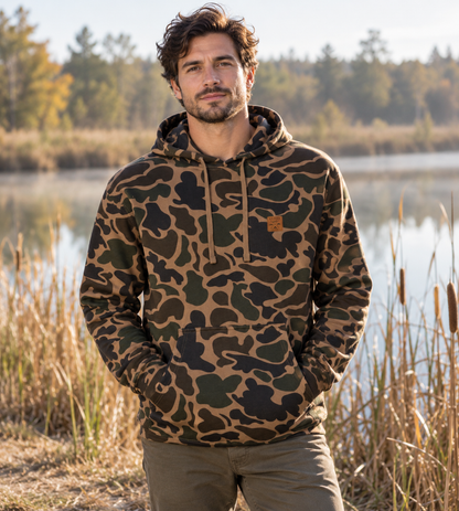 AI-generated lifestyle mockup: Sawtooth Heritage Duck Hoodie on a model