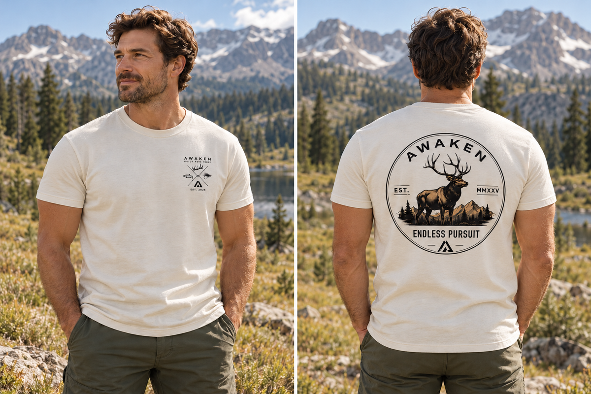AI-generated lifestyle mockup: Endless Pursuit Tee front and back with fitted sleeves