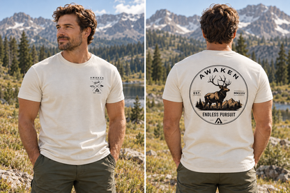 AI-generated lifestyle mockup: Endless Pursuit Tee front and back with fitted sleeves