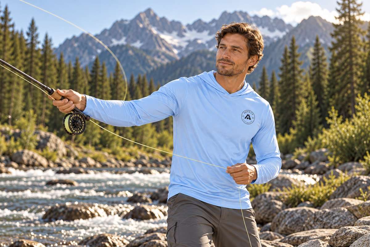 AI-generated lifestyle mockup: Fly fishing in a light blue Waypoint hooded shirt with small round Awaken chest logo