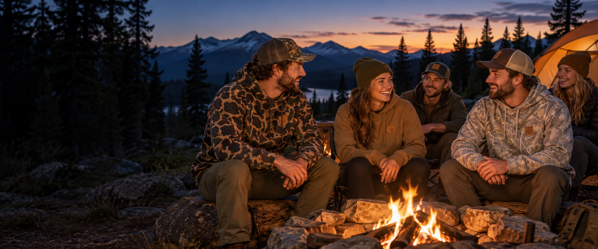 Friends wearing Awaken Sawtooth hoodies sharing stories around a mountain campfire