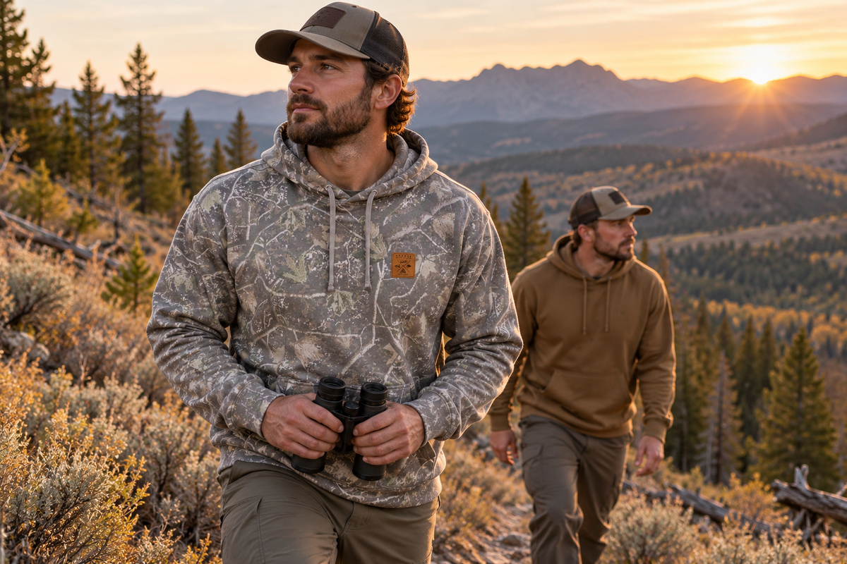 Hunters scouting a mountain trail in Sawtooth Timber and Coyote hoodies