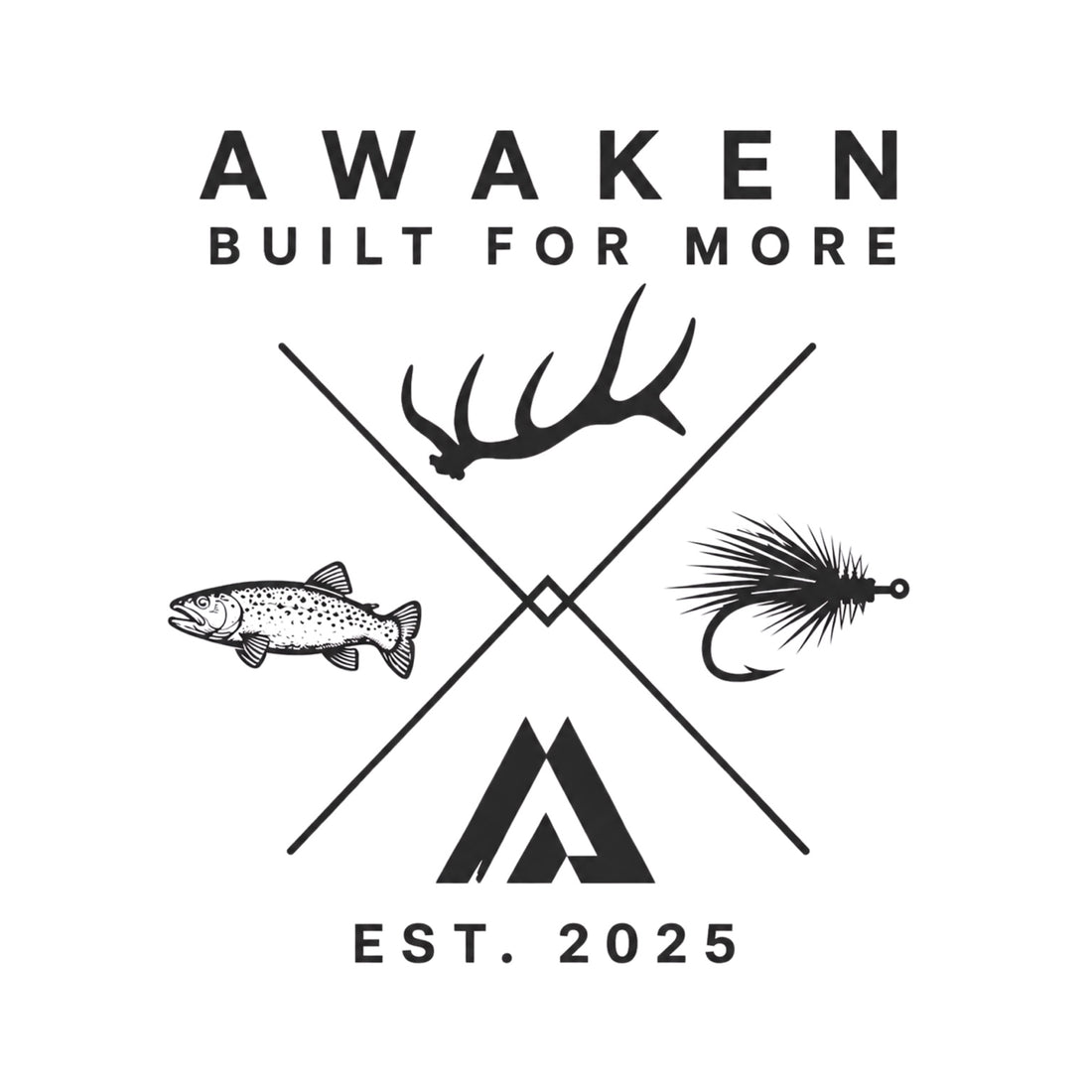 Awaken Built for More outdoor logo with antler, trout, fly, and mountain mark