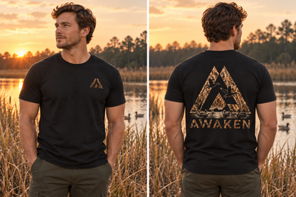 AI-generated lifestyle mockup: Lost Reeds Tee front and back on a model