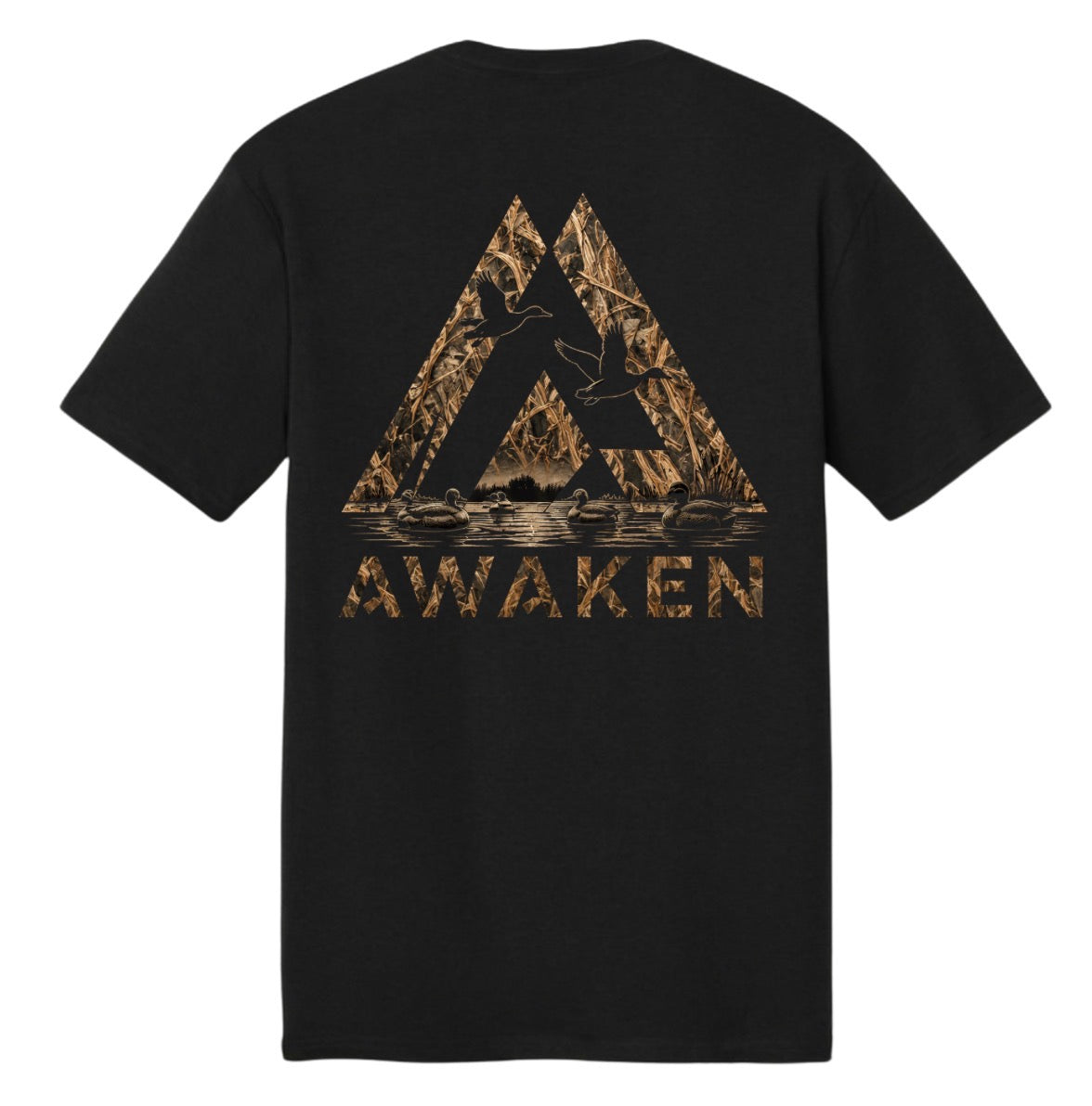 Lost Reeds Tee black back with reed-pattern Awaken graphic and ducks
