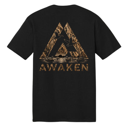 Lost Reeds Tee black back with reed-pattern Awaken graphic and ducks