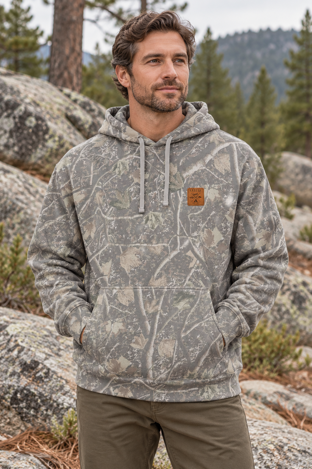 AI-generated lifestyle mockup: Sawtooth Timber Hoodie on a model