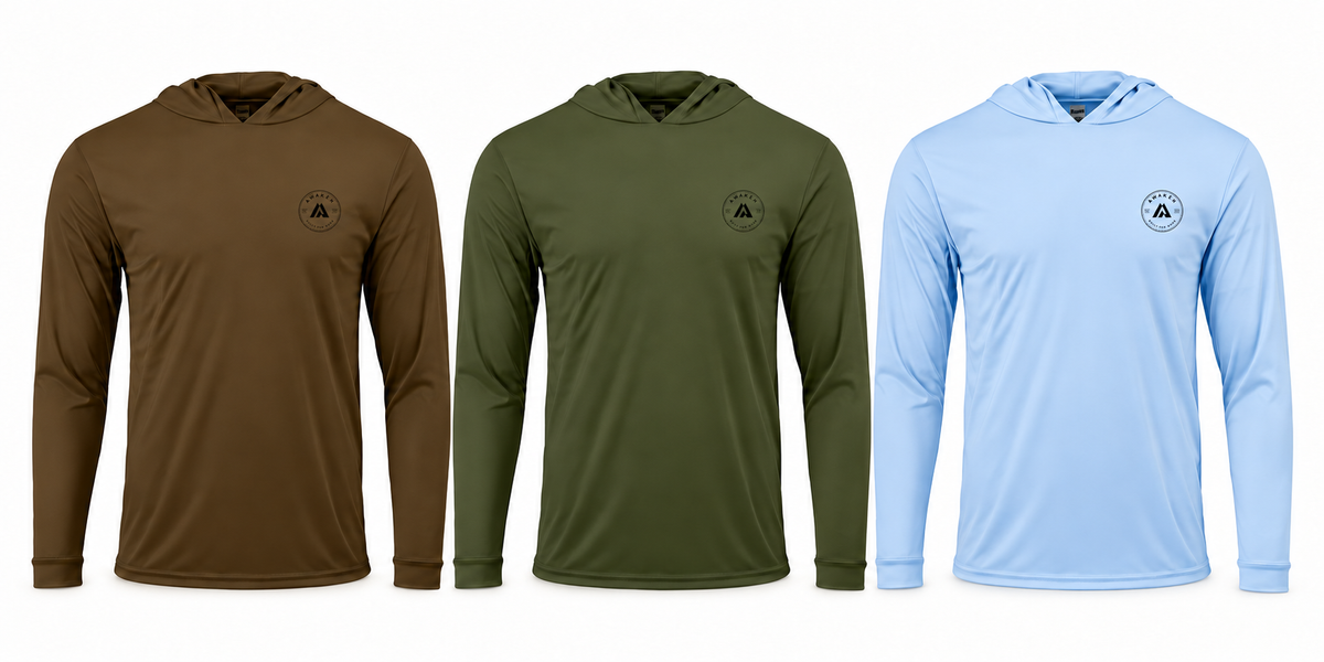 AI-generated product mockup: Waypoint hooded shirts in Coyote Brown, Army Green, and Light Blue with small round Awaken chest logo