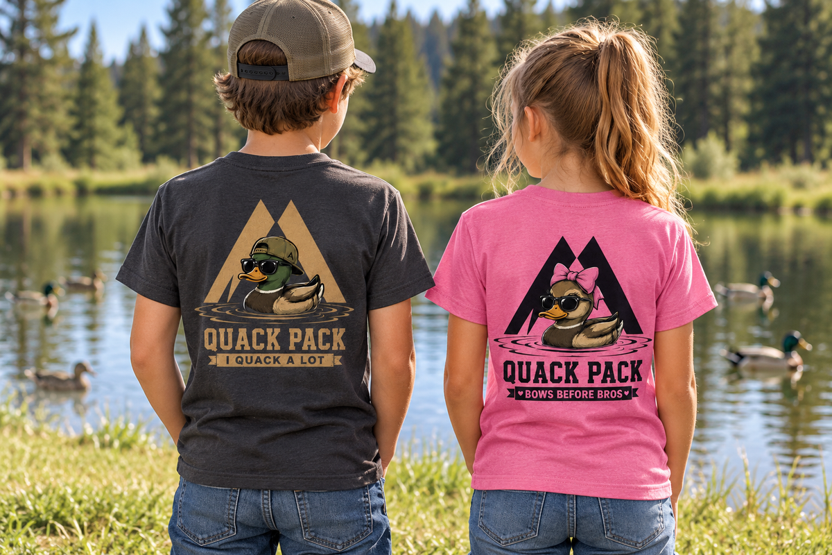 AI-generated lifestyle mockup: Youth Quack Pack tees in charcoal and pink